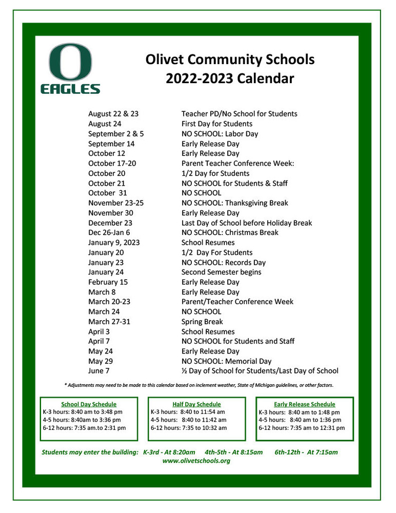 2022-2023 School Calendar | Olivet Community Schools 2022-2023 School Calendar | Olivet Community Schools